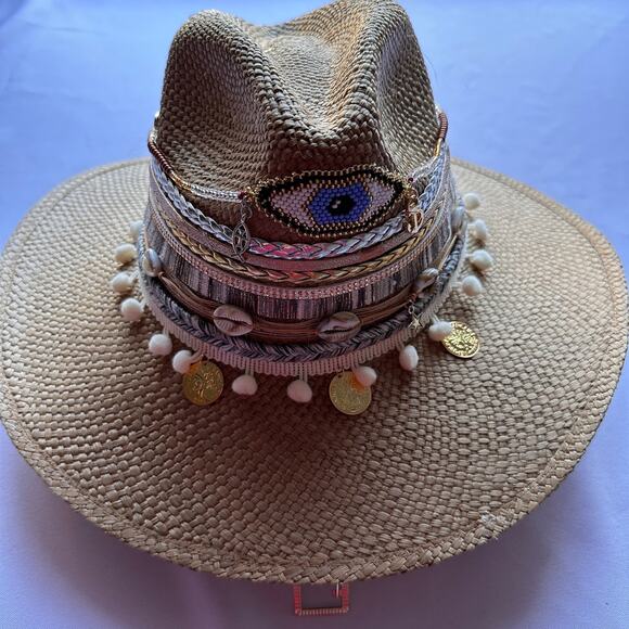 Handmade Jeweled Colombian Hat Evil Eye NEW SMALL Silver Neutral Beach Seashell - Picture 1 of 8